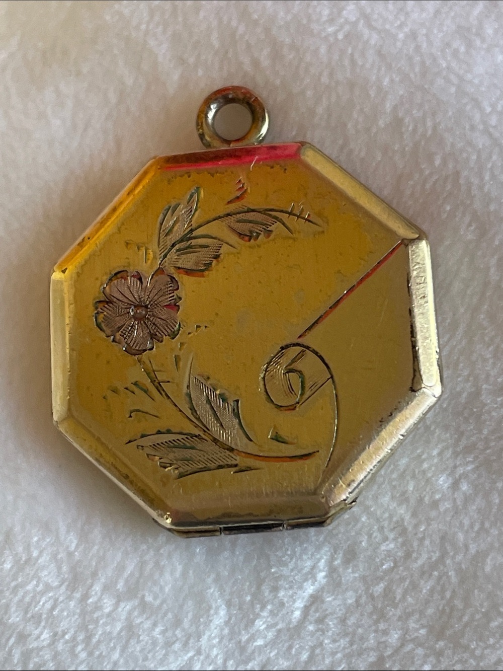 Antique B CO 1/10-14k GF Gold Filled Octagon Tricolor Floral Locket Pendant - Picture 2 of 11